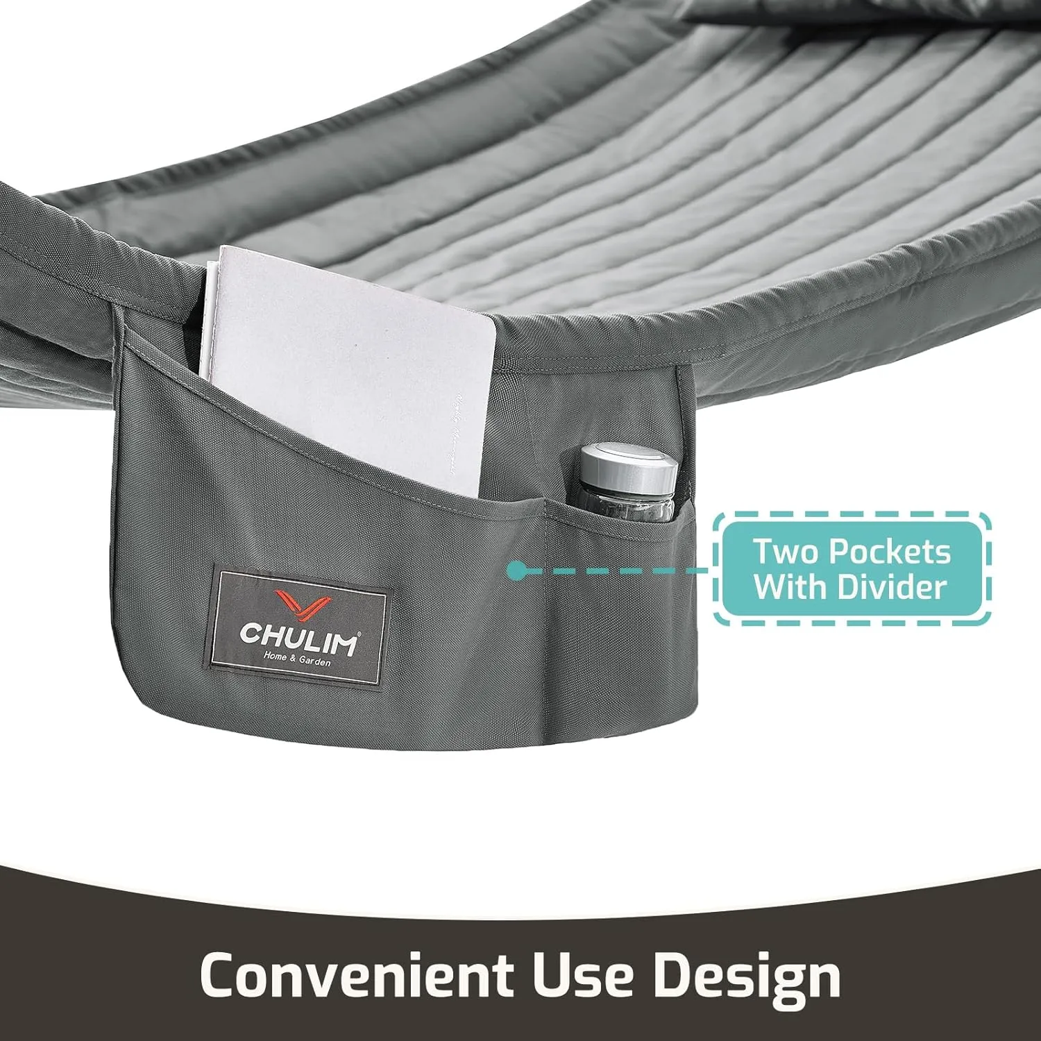 Double Quilted Fabric Hammock With Hardwood Spreader Bars and Pillow - 450 LBS Capacity, 2 Person, Large for Outdoor Patio Backyard Poolside - Dark Grey