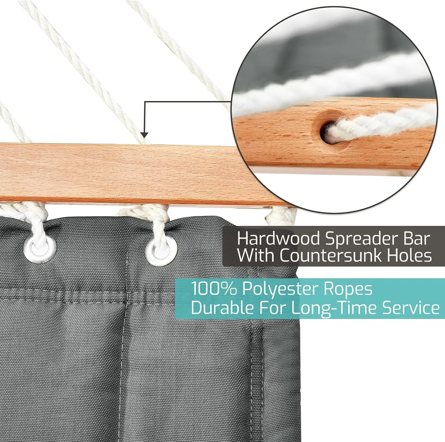 Double Quilted Fabric Hammock With Hardwood Spreader Bars and Pillow - 450 LBS Capacity, 2 Person, Large for Outdoor Patio Backyard Poolside - Dark Grey