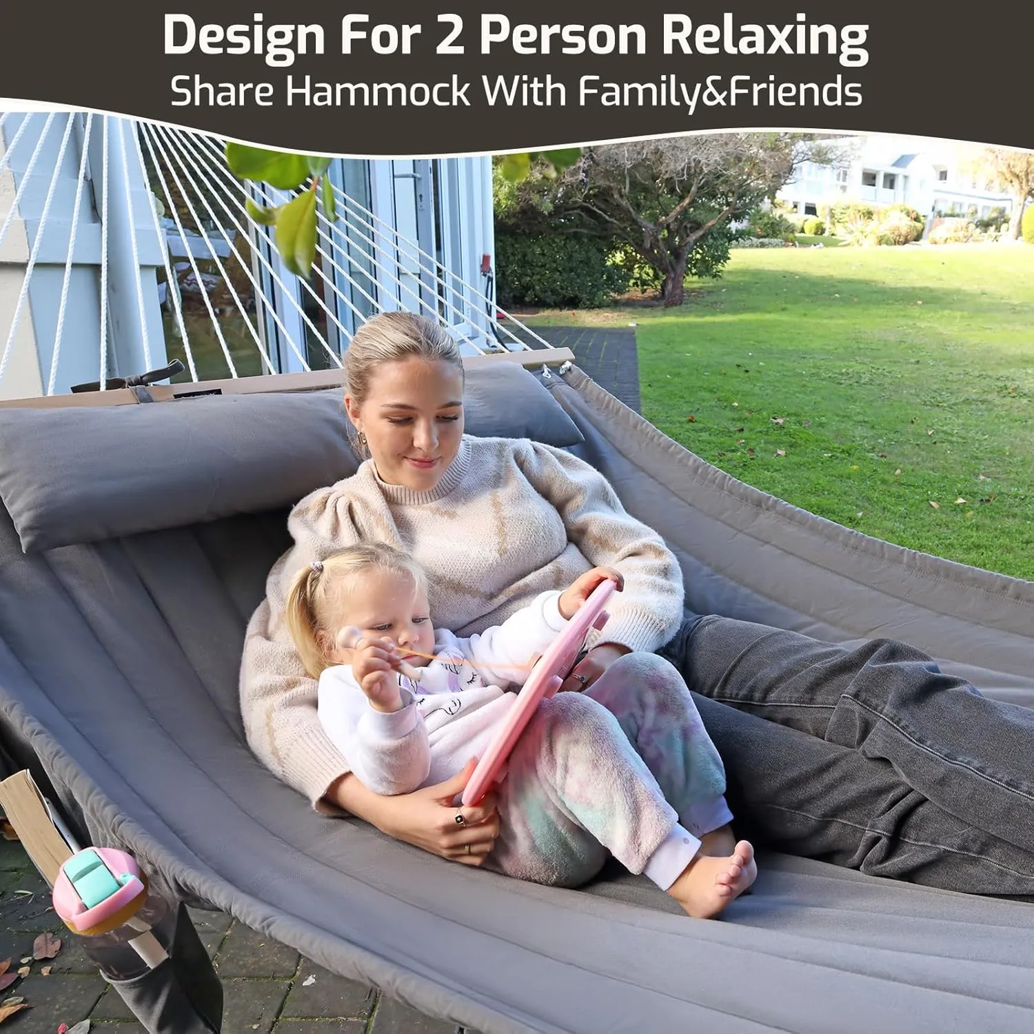 Double Quilted Fabric Hammock with Hardwood Spreader Bars and Pillow 450 LBS Capacity 2 Person Large Hammock for Outdoor Patio Backyard Poolside - Dark Grey