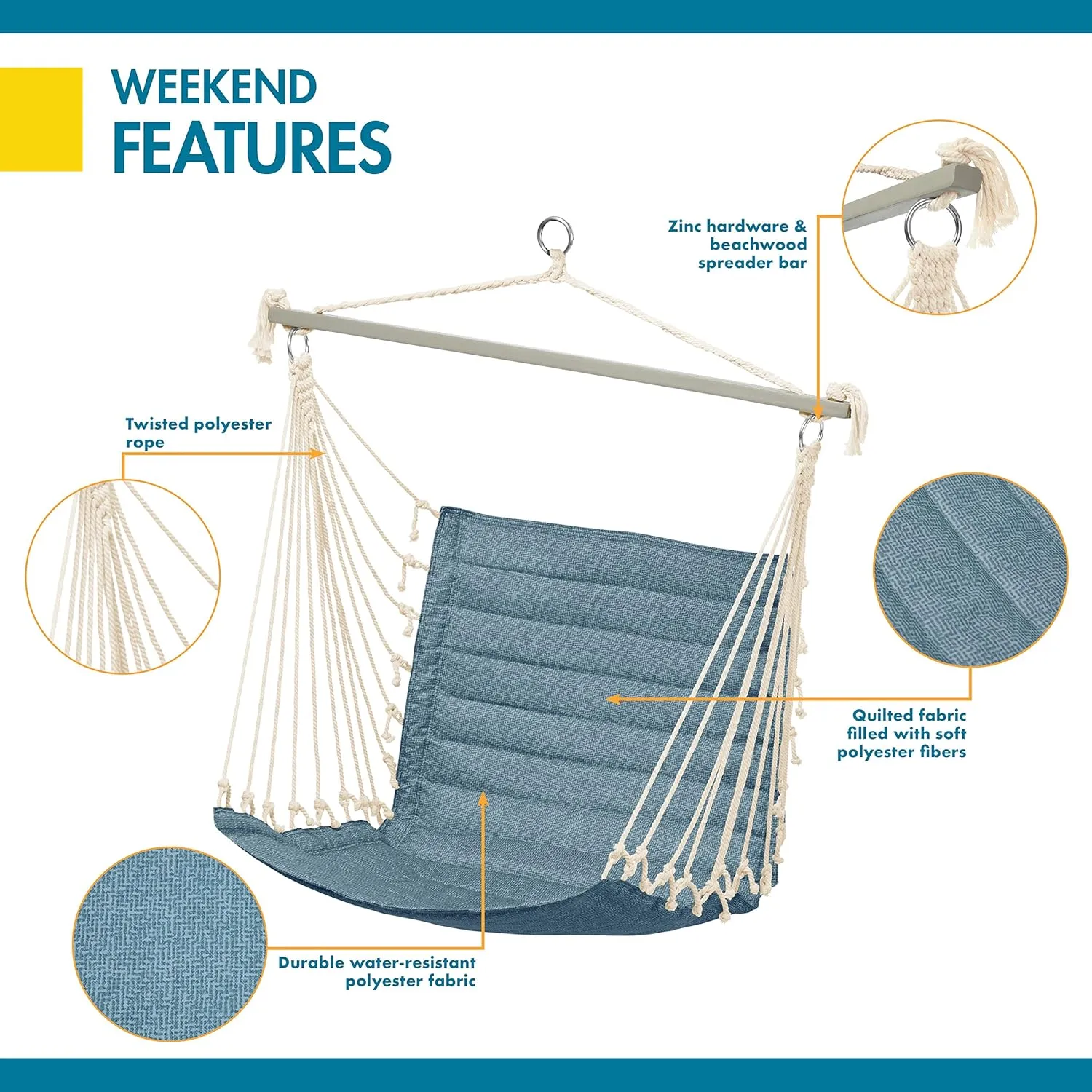 Duck Covers Weekend Quilted Hammock Chair, 27 x 49 x 39.5 Inch, Blue Shadow