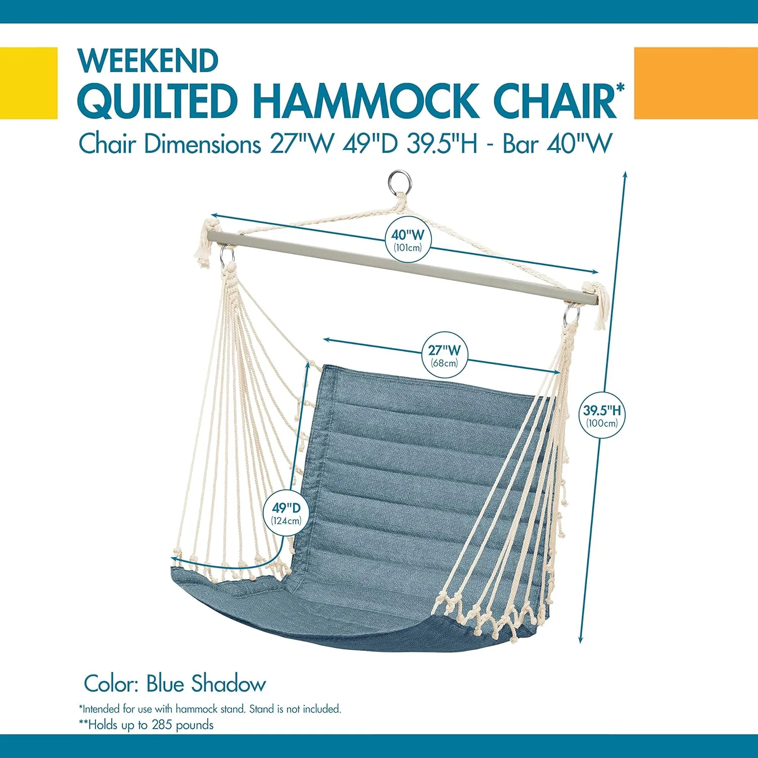 Duck Covers Weekend Quilted Hammock Chair, 27 x 49 x 39.5 Inch, Blue Shadow