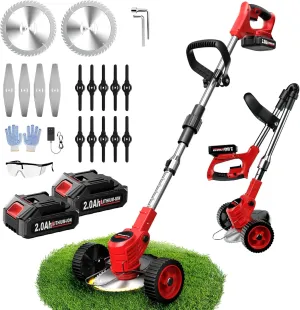 Electric Weed Wacker Cordless, Weed Eater Battery Powered with 3 Types of Blades, Lightweight Grass Trimmer with 2*2.0Ah Battery & Wheels, Foldable Lawn Edger/Brush Cutter for Lawn Yard Garden
