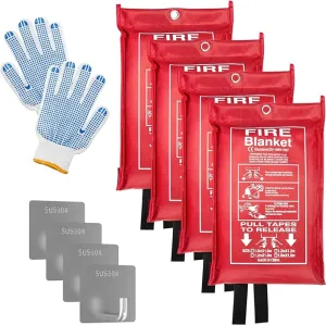 Emergency Fire Blanket (4 Pack, 40 in X 40 in)   4 Hooks & 1 Gloves, Fiberglass Fireproof Fire Blanket for Home and Kitchen, Camping, Grill, Car, Warehouse