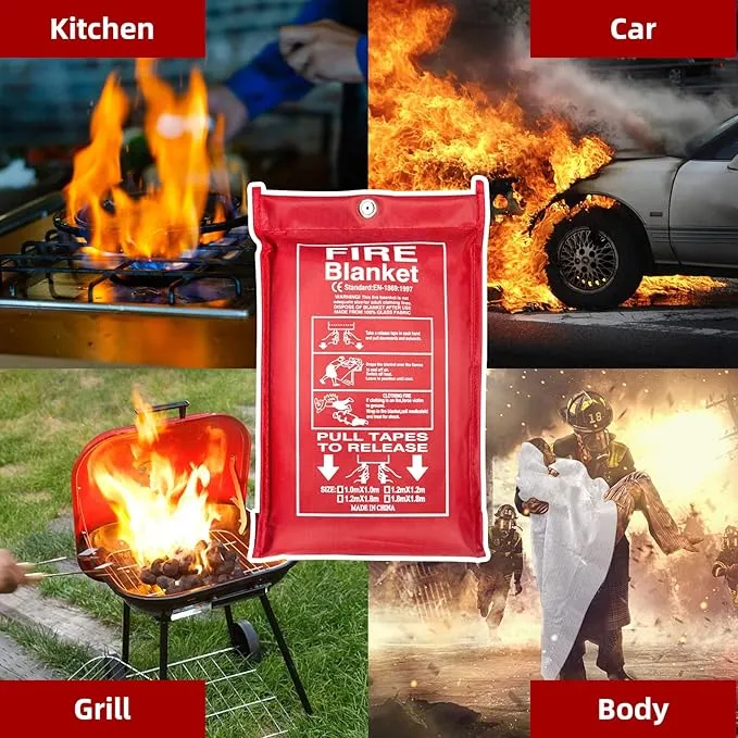 Emergency Fire Blanket (4 Pack, 40 in X 40 in)   4 Hooks & 1 Gloves, Fiberglass Fireproof Fire Blanket for Home and Kitchen, Camping, Grill, Car, Warehouse
