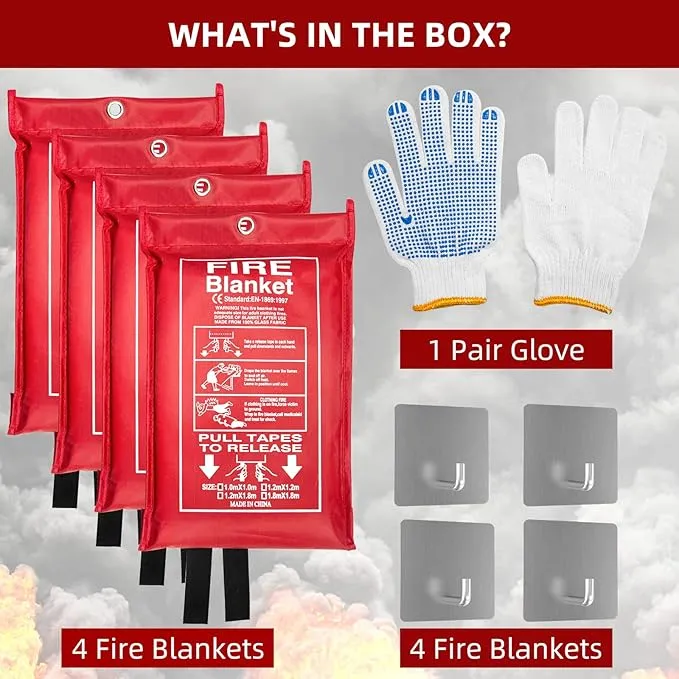 Emergency Fire Blanket (4 Pack, 40 in X 40 in)   4 Hooks & 1 Gloves, Fiberglass Fireproof Fire Blanket for Home and Kitchen, Camping, Grill, Car, Warehouse