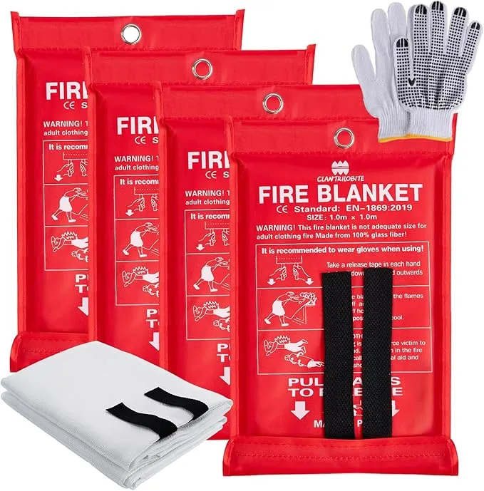 Emergency Fire Blanket 4 Pack, 40” x 40” Fire Suppression Blanket Fireproof Fiberglass Blanket for Home Survival, Fire Retardant Blanket Fire Extinguisher Blanket with Gloves for Kitchen Camping