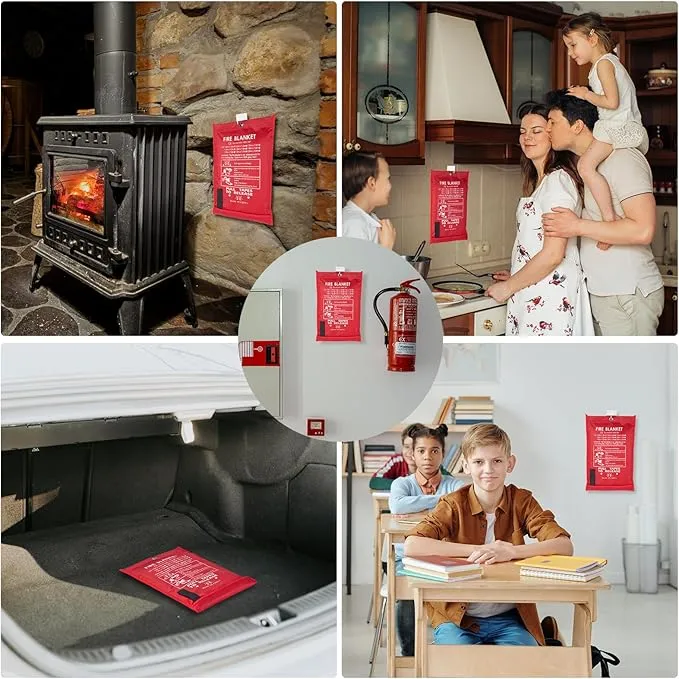 Emergency Fire Blanket 40" x 40" Fiberglass Fire Blanket Fire Suppression Blanket for Kitchen with Hooks Gloves Emergency Whistles Fireproof Blanket for Home Safety Camping (2)