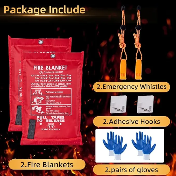 Emergency Fire Blanket 40" x 40" Fiberglass Fire Blanket Fire Suppression Blanket for Kitchen with Hooks Gloves Emergency Whistles Fireproof Blanket for Home Safety Camping (2)
