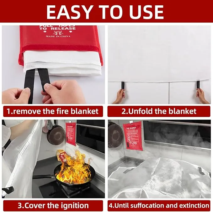 Emergency Fire Blanket 40" x 40" Fiberglass Fire Blanket Fire Suppression Blanket for Kitchen with Hooks Gloves Emergency Whistles Fireproof Blanket for Home Safety Camping (2)