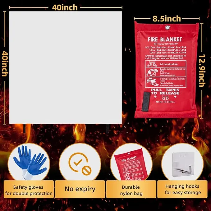 Emergency Fire Blanket 40" x 40" Fiberglass Fire Blanket Fire Suppression Blanket for Kitchen with Hooks Gloves Emergency Whistles Fireproof Blanket for Home Safety Camping (2)