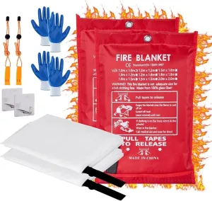 Emergency Fire Blanket 40" x 40" Fiberglass Fire Blanket Fire Suppression Blanket for Kitchen with Hooks Gloves Emergency Whistles Fireproof Blanket for Home Safety Camping (2)