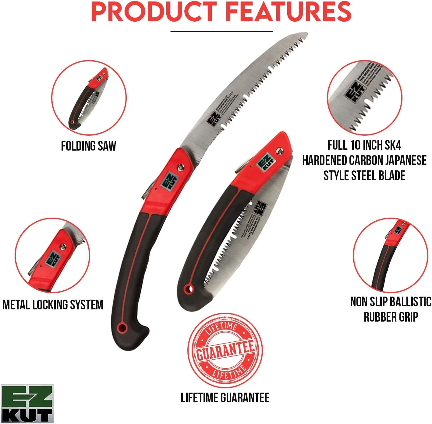 EZ KUT WOW Folding Saw 10” – Heavy-Duty Hand Saw for Tree Trimming, Pruning & Wood Cutting – Compact Foldable Design for Camping, Hunting & Survival – Razor Sharp SK4 Steel Blade