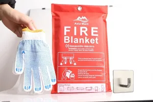 Fire Blanket (39" x 39") Fiberglass Emergency Fireproof Gear, Flame Retardant Protection for Home and Kitchen with Hook and Gloves.