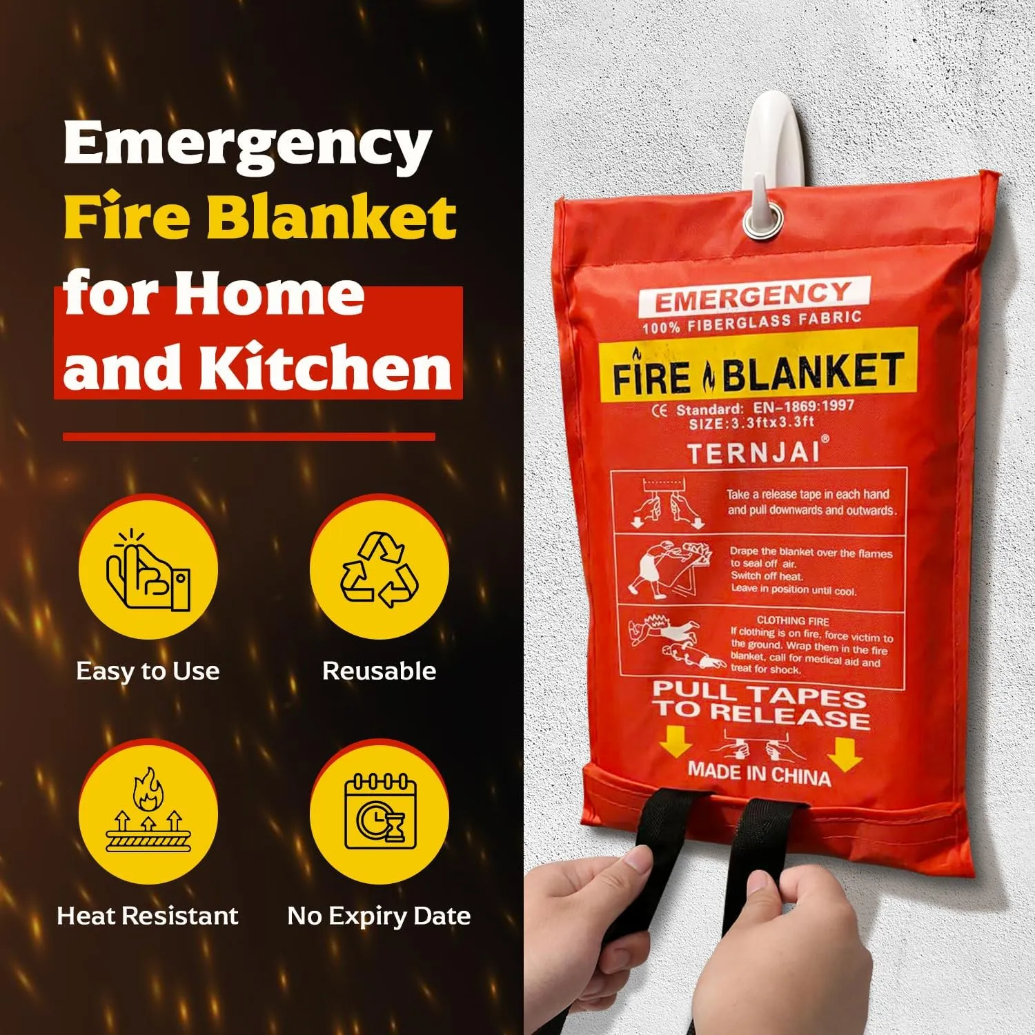 Fire Blanket for Home and Kitchen - 40"x40" Fiberglass Emergency Blanket with Safety Gloves | Fire Retardant Protection | Safety Wear - 2 Pack White Fiberglass Cloth Blanket