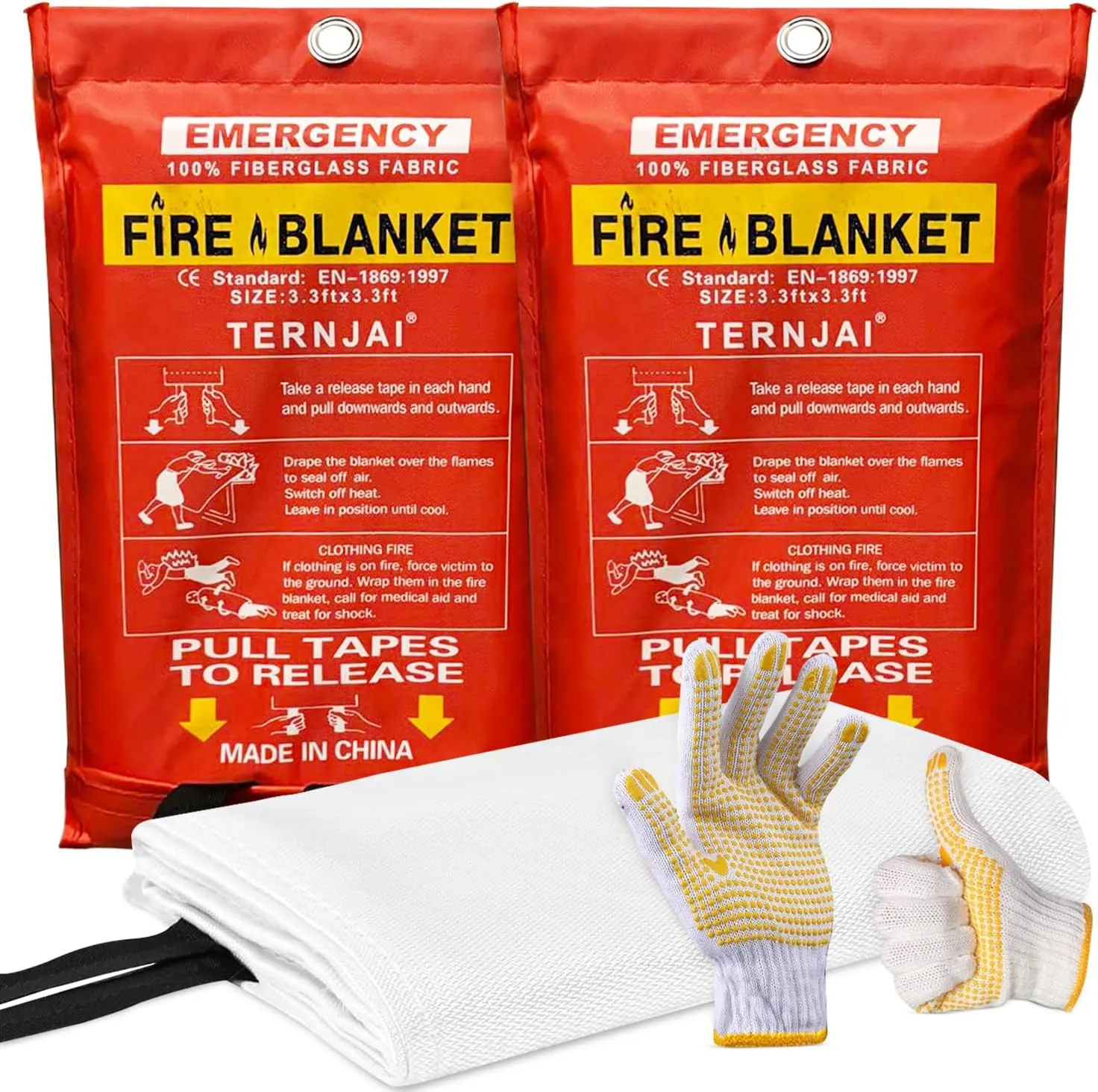 Fire Blanket for Home and Kitchen - 40"x40" Fiberglass Emergency Blanket with Safety Gloves | Fire Retardant Protection | Safety Wear - 2 Pack White Fiberglass Cloth Blanket