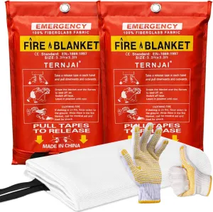 Fire Blanket for Home and Kitchen - 40"x40" Fiberglass Emergency Blanket with Safety Gloves | Fire Retardant Protection | Safety Wear - 2 Pack White Fiberglass Cloth Blanket