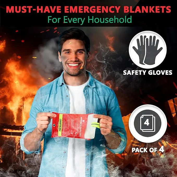 Fire Blankets Emergency for Home, 4 Pack 40"x40" with Pair of Gloves & 4 Hooks, Fire Extinguisher for Kitchen, Fiberglass Fire Blankets for Fireplace, Grill, Office, Warehouse.