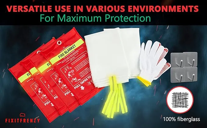 Fire Blankets Emergency for Home, 4 Pack 40"x40" with Pair of Gloves & 4 Hooks, Fire Extinguisher for Kitchen, Fiberglass Fire Blankets for Fireplace, Grill, Office, Warehouse.