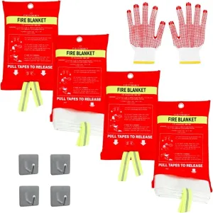 Fire Blankets Emergency for Home, 4 Pack 40"x40" with Pair of Gloves & 4 Hooks, Fire Extinguisher for Kitchen, Fiberglass Fire Blankets for Fireplace, Grill, Office, Warehouse.