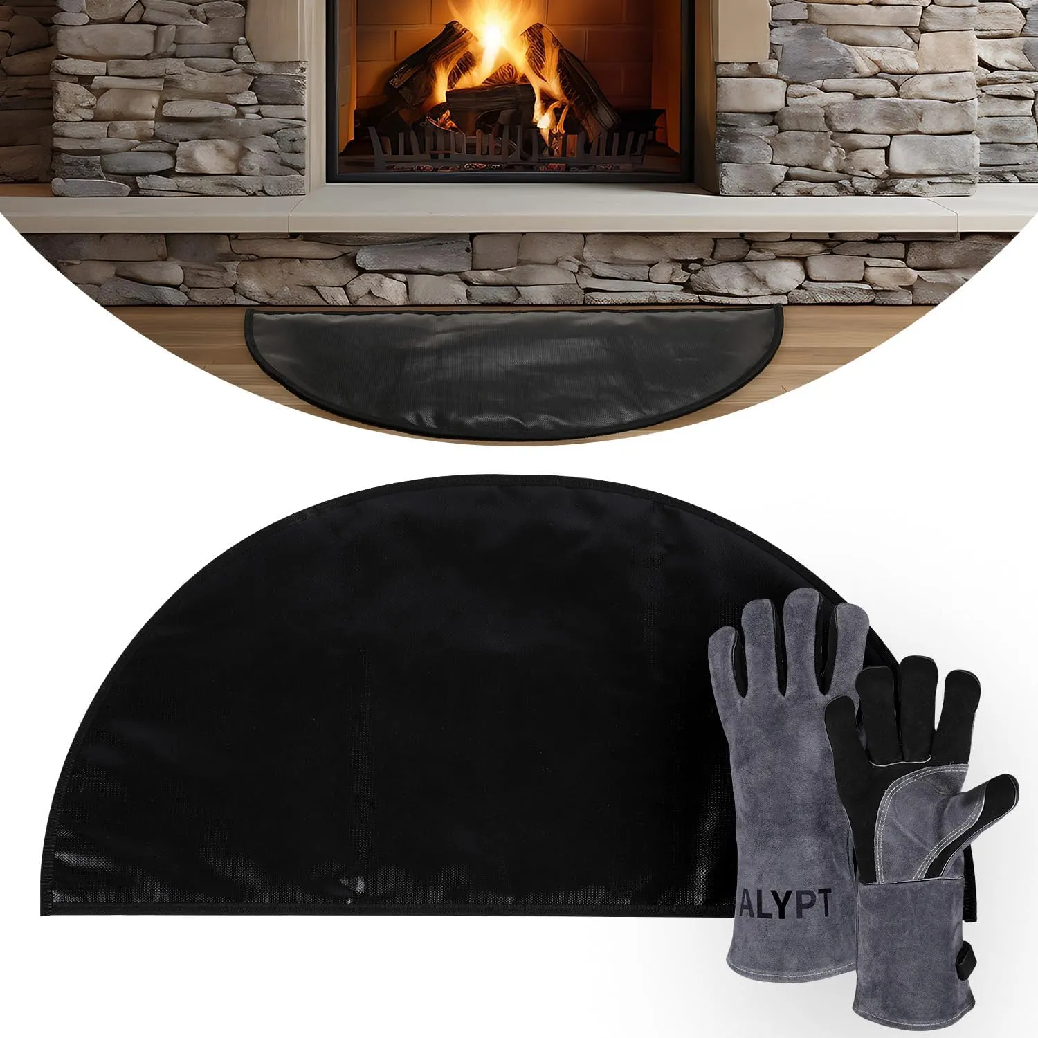 Fireproof Fireplace Hearth Mat 32"x16" Plus Gloves - Extra Thick 6.49mm, Fire Retardant Rugs for Fireplace, Stove, Patio, Kitchen, Fire Pit - Non-Slip Silicone Pad - Protects Against Embers