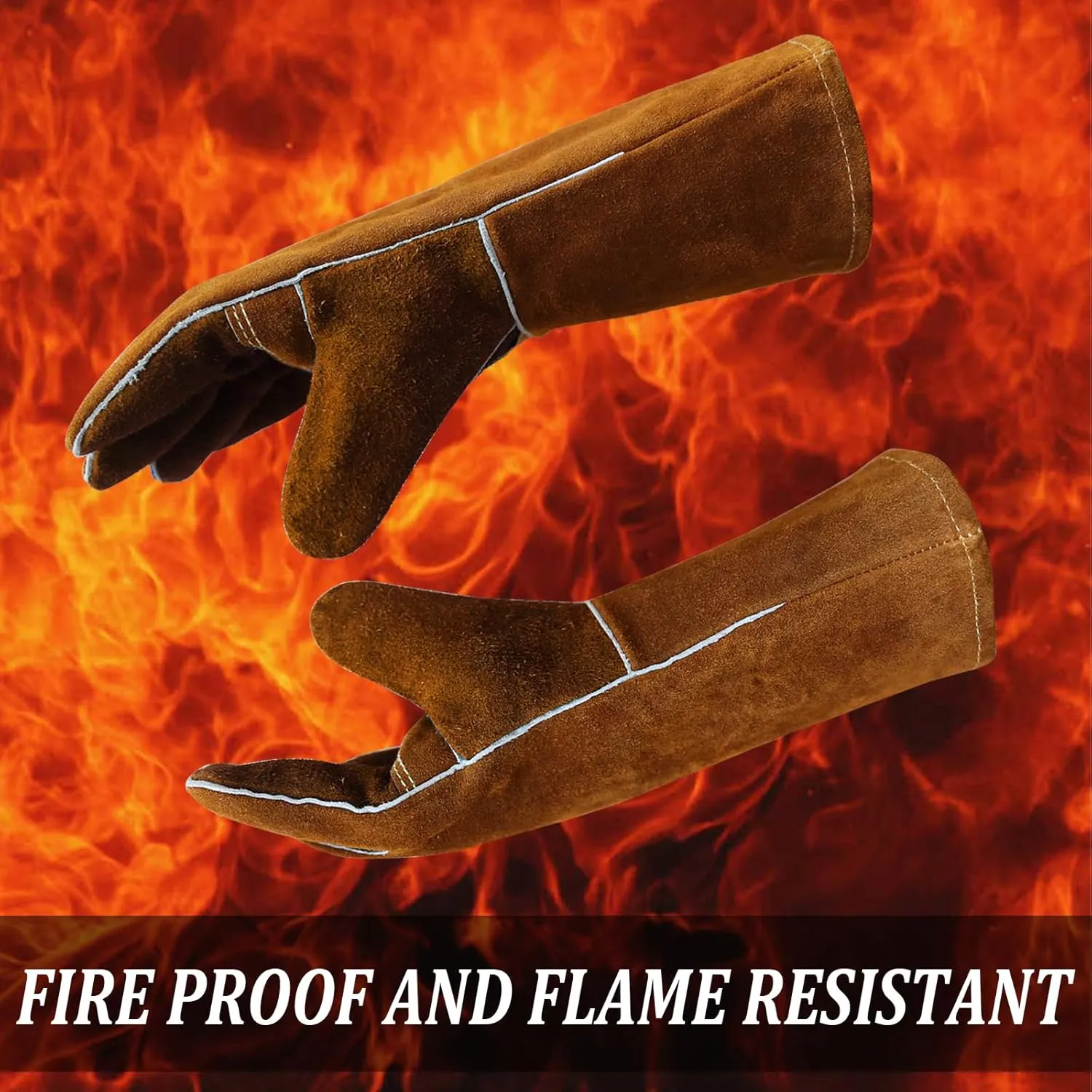 Fireproof Woodburner Leather Gloves,Heavy Duty Gloves,Heat Resistant Mitts for Baking Grill,Oven,BBQ,Stove