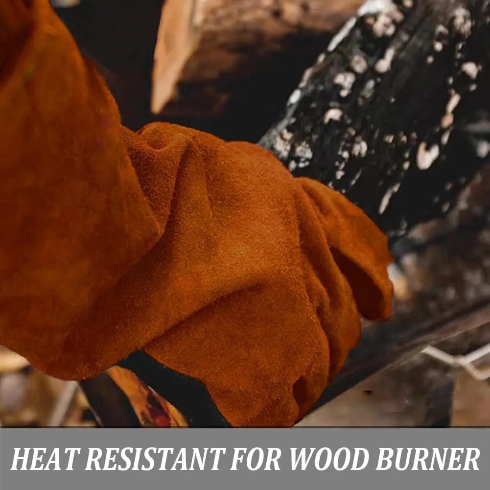 Fireproof Woodburner Leather Gloves,Heavy Duty Gloves,Heat Resistant Mitts for Baking Grill,Oven,BBQ,Stove