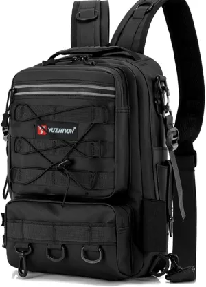 Fishing Backpack Small Tackle Sling Bag - with 2 Rod Holder - Storage Tackle Box, Fishing Gear Gifts, Black