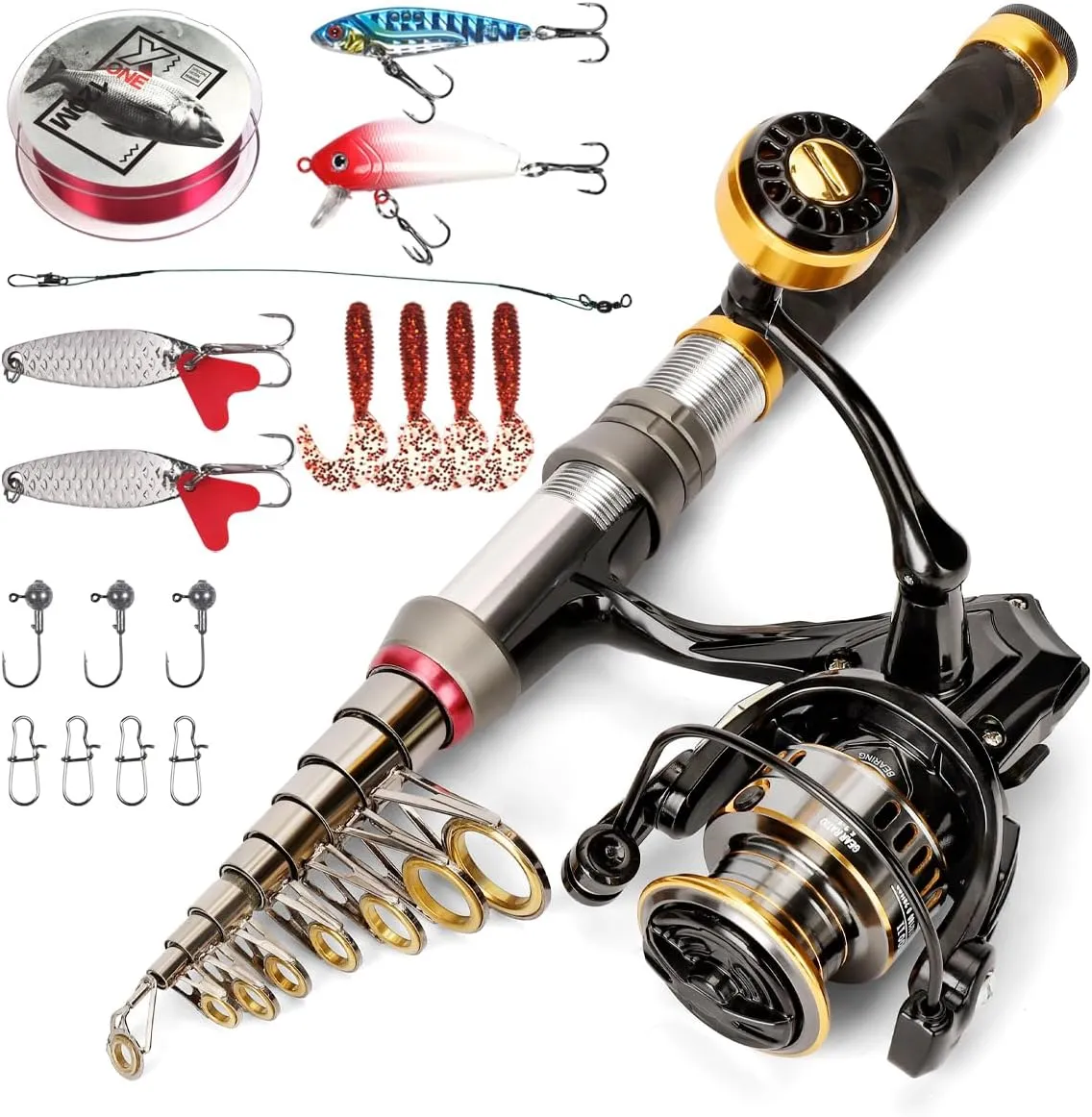 Fishing Rod Telescopic Carbon Fiber Rod Combo with Spinning Reel Portable Tackle Case Fishing Line Artificial Baits and Hooks for Travel Saltwater Freshwater Fishing