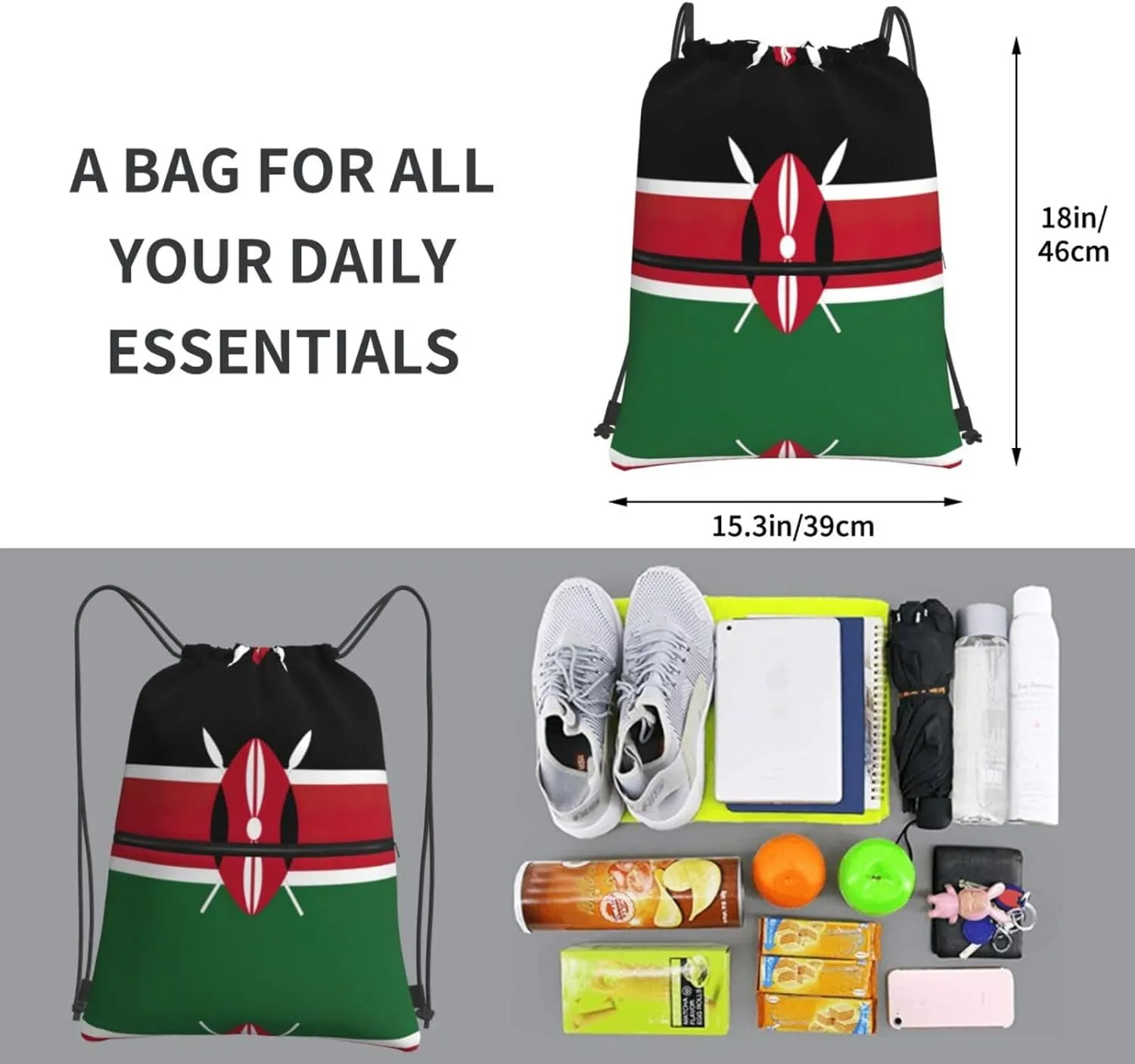 Flag Of Kenya Drawstring Backpack For Bike Riding, String Cinch Bag For Men Women