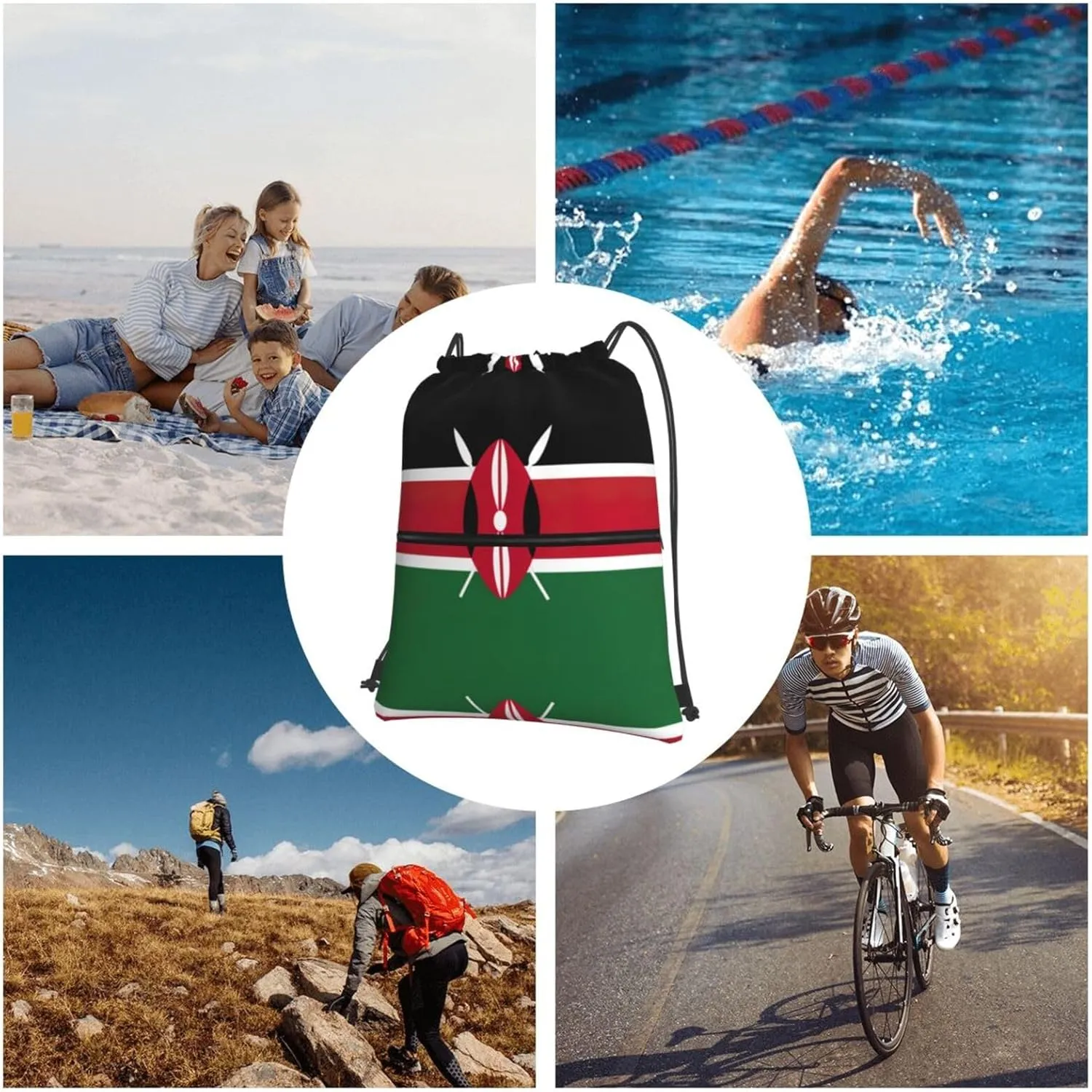 Flag Of Kenya Drawstring Backpack For Bike Riding, String Cinch Bag For Men Women