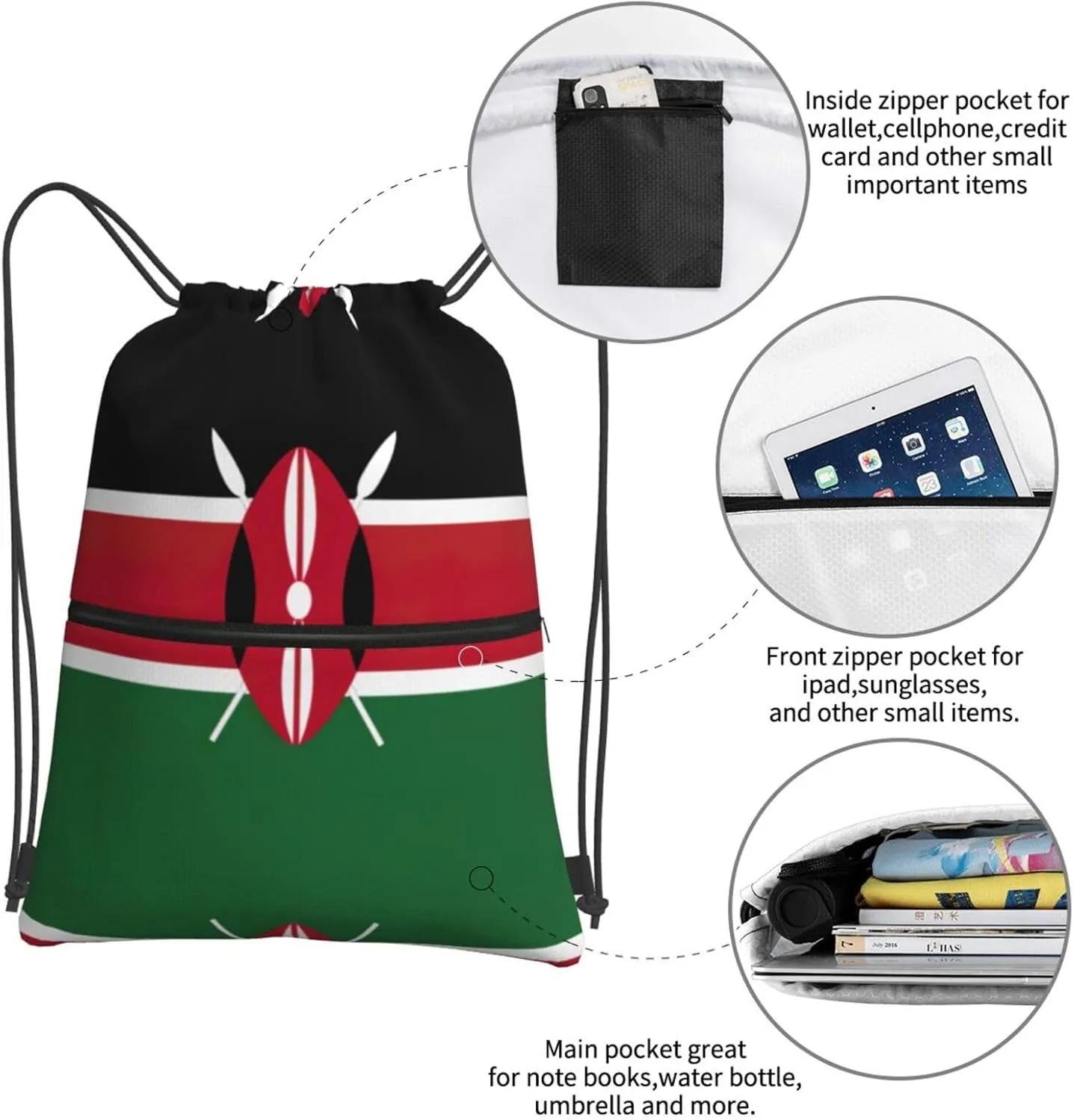 Flag Of Kenya Drawstring Backpack For Bike Riding, String Cinch Bag For Men Women