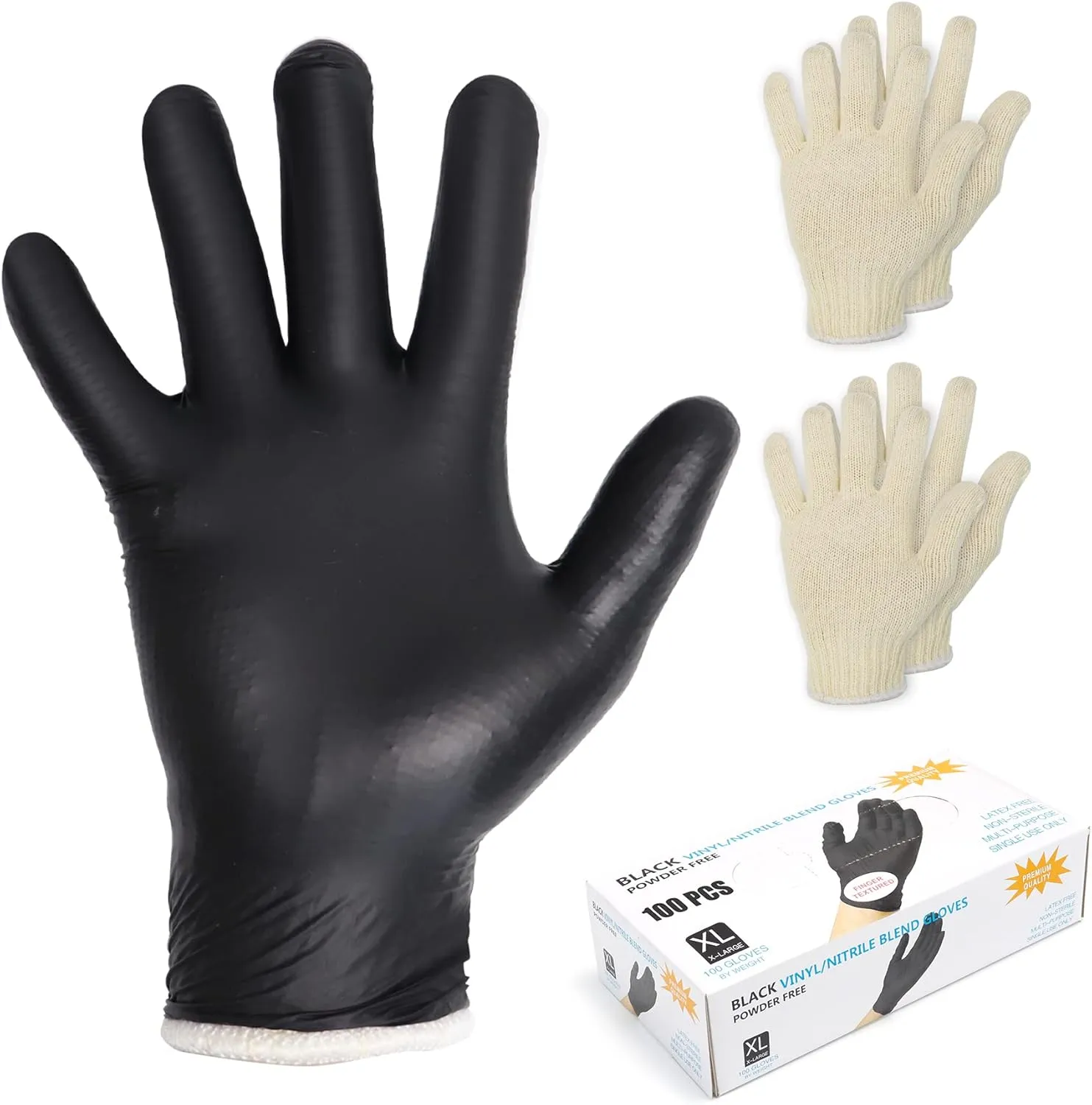 Flehomo BBQ Gloves Kit with 2 Pairs of Reusable Heat Resistant Grilling Gloves Liner and 100 Pieces Disposable Nitrile for Outdoor Cooking and Barbecue, Black, X-Large