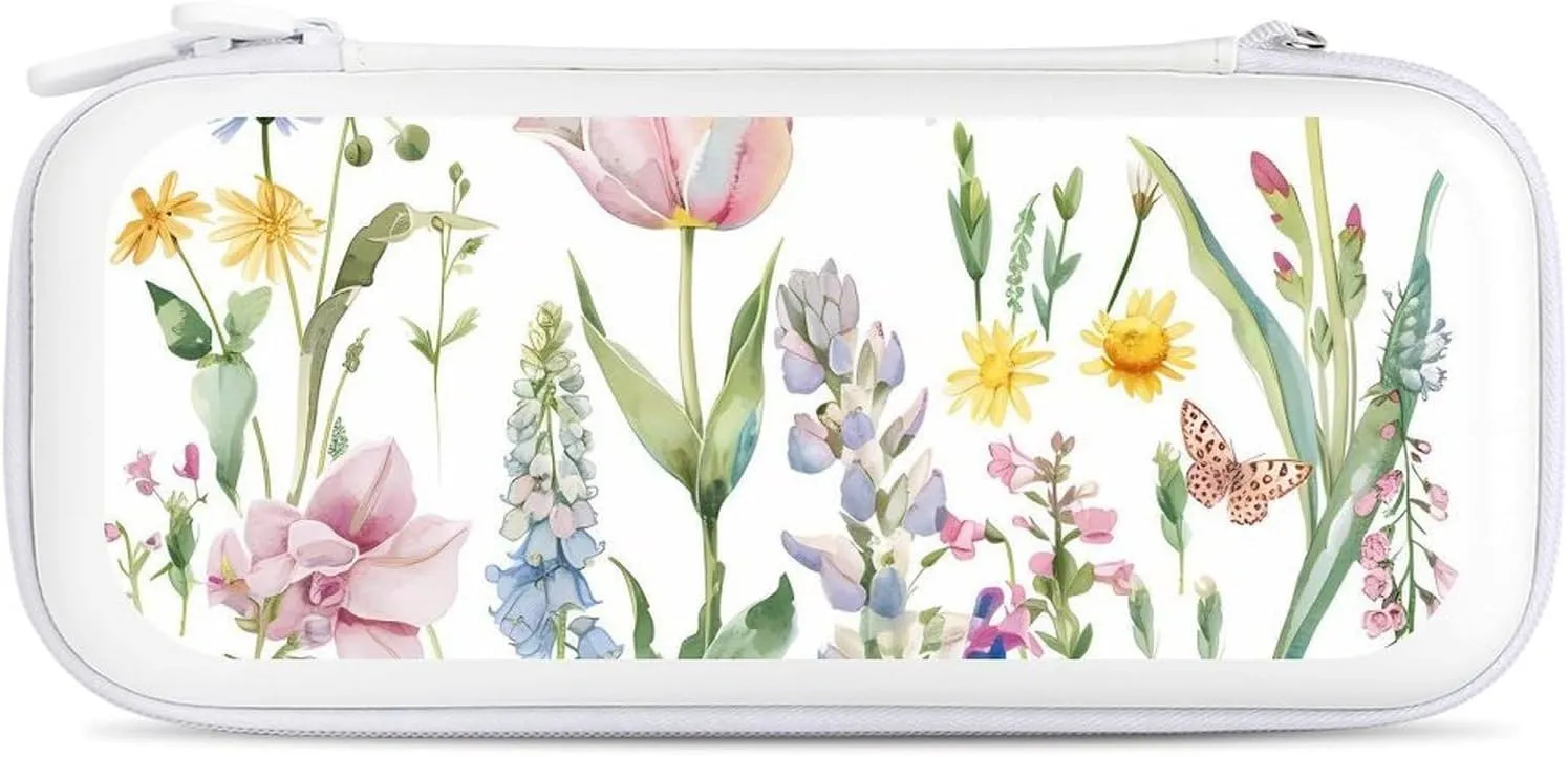 Flowers Tulip Butterflies Compatible with Switch Carrying Case Hard Travel Game Bag Pouch with 15 Games Accessories