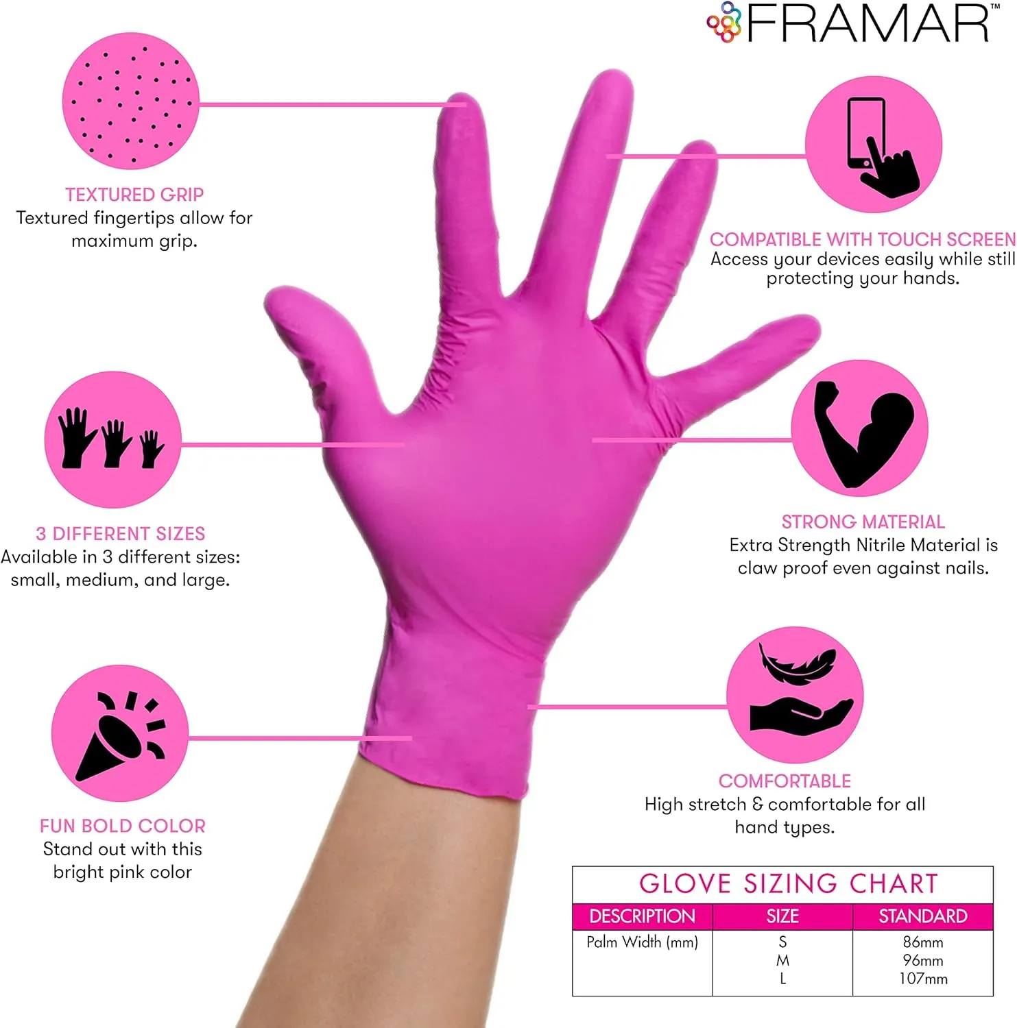 FRAMAR Pink Gloves Disposable Latex Free – Pink Nitrile Gloves Medium, Latex Free Glove Medium, Guantes De Nitrilo, For Hair Dye, Salon, Cleaning, Tattoo, Food Prep, Powder Free – 100 Pack