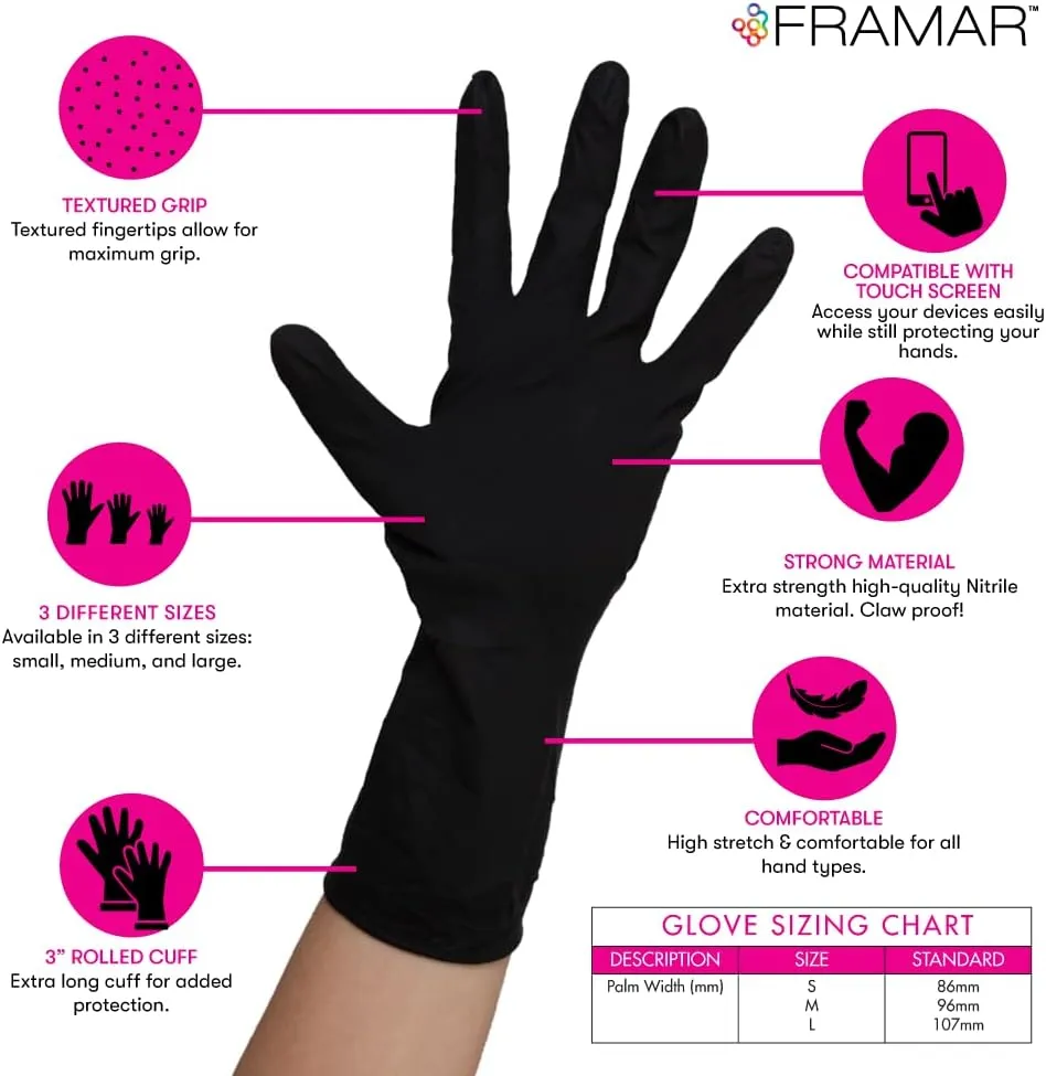 FRAMAR Powder Free Nitrile Gloves Medium – 12 INCH Black Gloves Disposable Latex Free, Guantes De Nitrile, For Hair Dye, Cleaning, Tattoo – Extra Durable & Resistant – 100 Pack