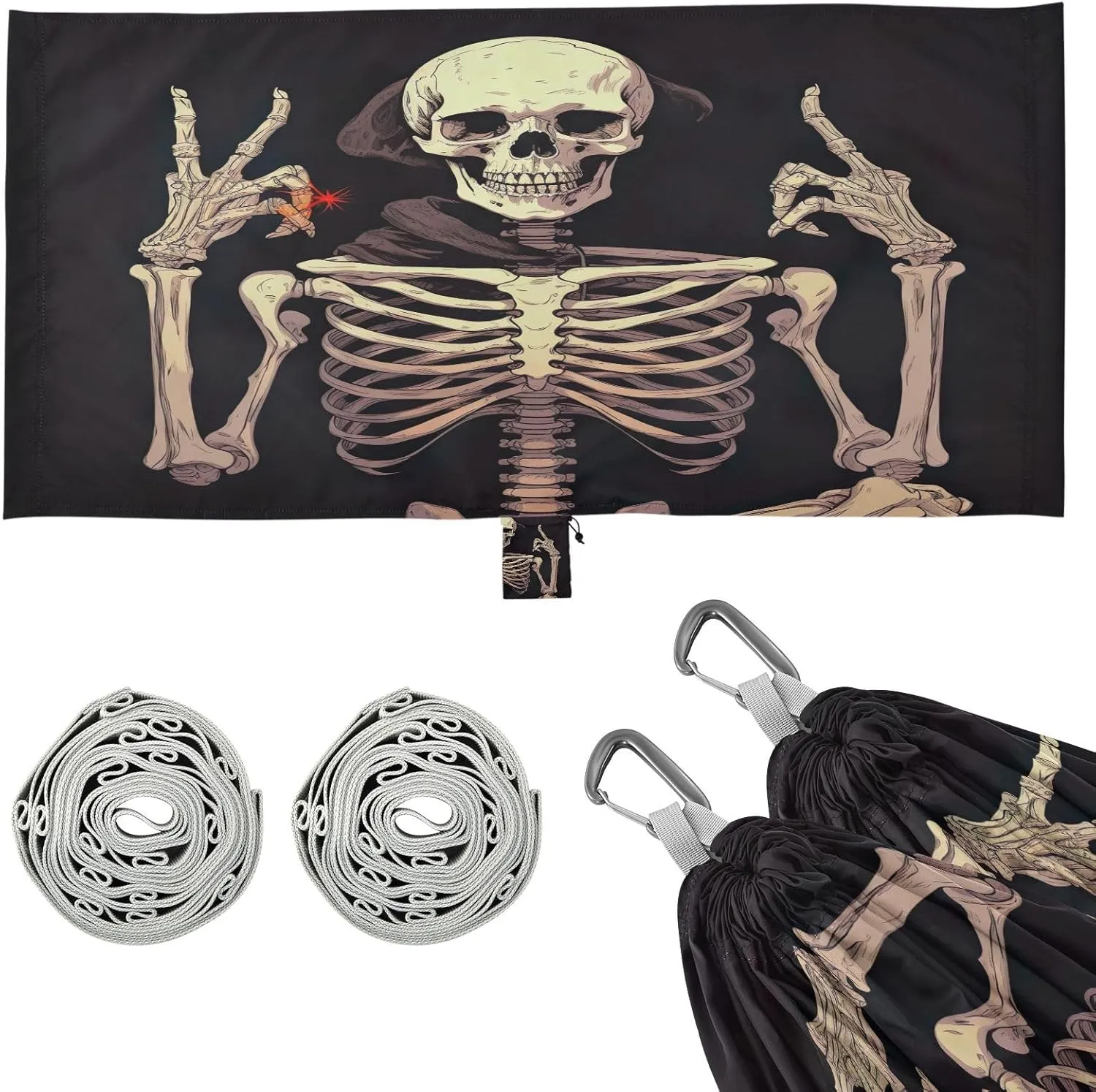Funny Halloween Skeleton Camping Hammock, 330 lbs with 2 Tree Straps, Carry Bag, Single Portable Hammock for Outdoor/Indoor, Hiking, Beach, Backpacking, Travel