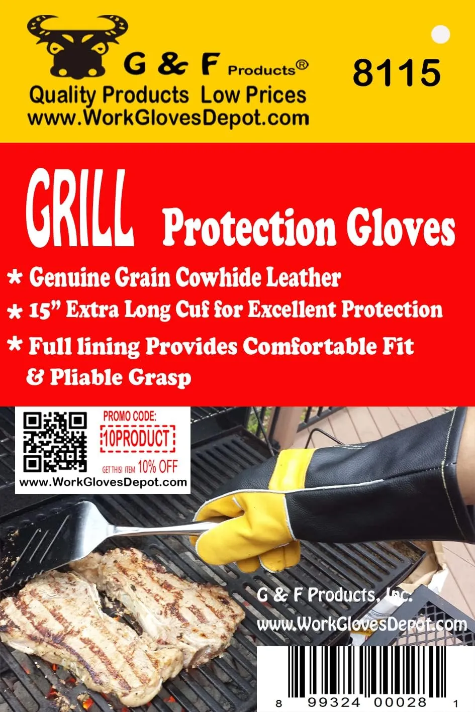 G & F Products Premium Leather Heat-Resistant Gloves – BBQ, Fireplace – Puncture, Cut, and Fire Protection with Cotton Lining and Kevlar Stitch – Durable Suede and Cowhide Leather