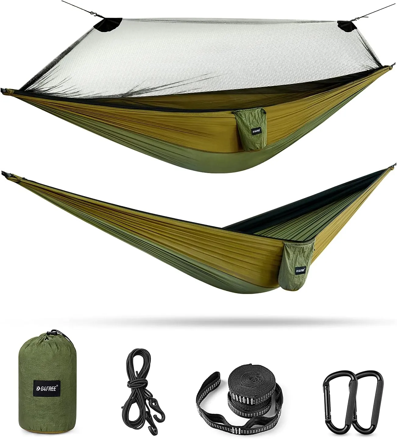 G4Free Large Camping Hammock with Mosquito Net 2 Person Pop-up Parachute Lightweight Hanging Hammocks Tree Straps Swing Bed for Outdoor Backpacking Backyard Hiking