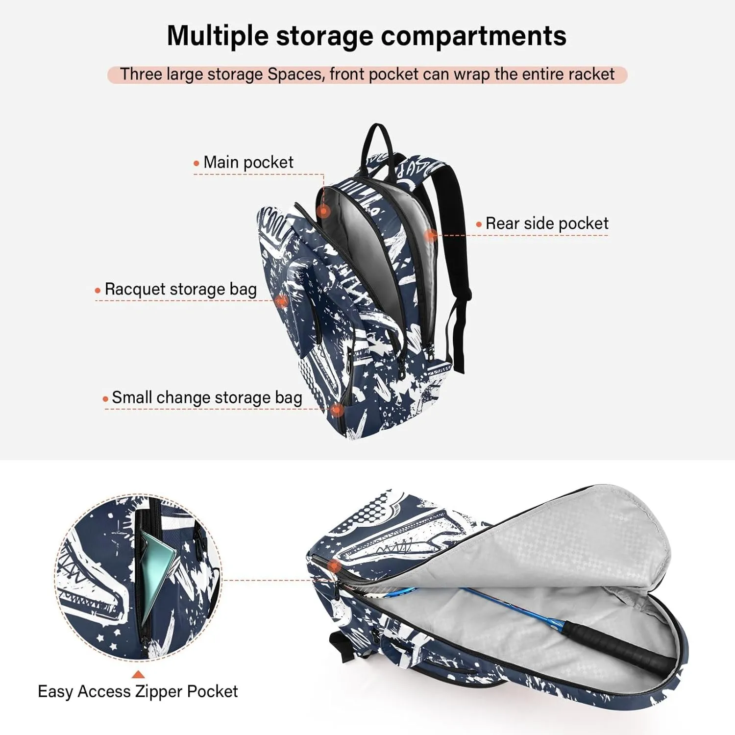 GAIGEO Cool Street Basketball Grey Tennis Backpack, Expandable Tennis Bag 2 Rackets, Sandwich Mesh Back, Breathable not Stuffy