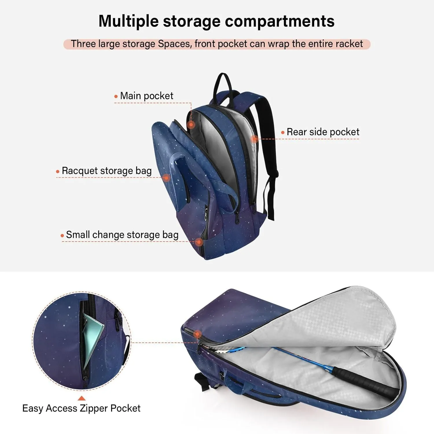 GAIGEO Dark Blue Sky Glitter Stars Sport Bag, Large Capacity Pickleball Ball Holder, Various Storage Methods