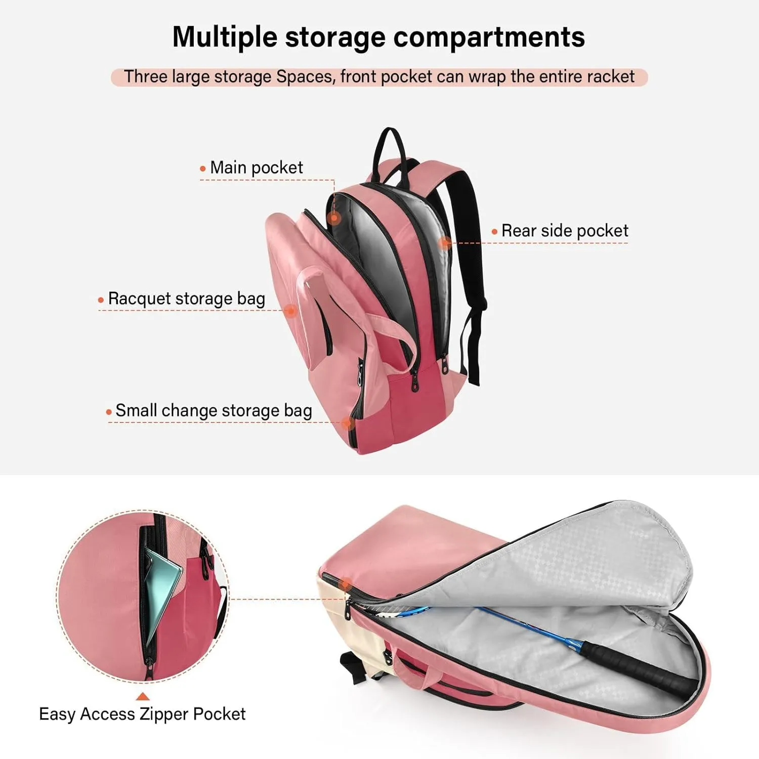 GAIGEO Pink Glitter Tennis Racket Backpack, Multilayer Design Pickle Ball Bag, Sports and Daily Use