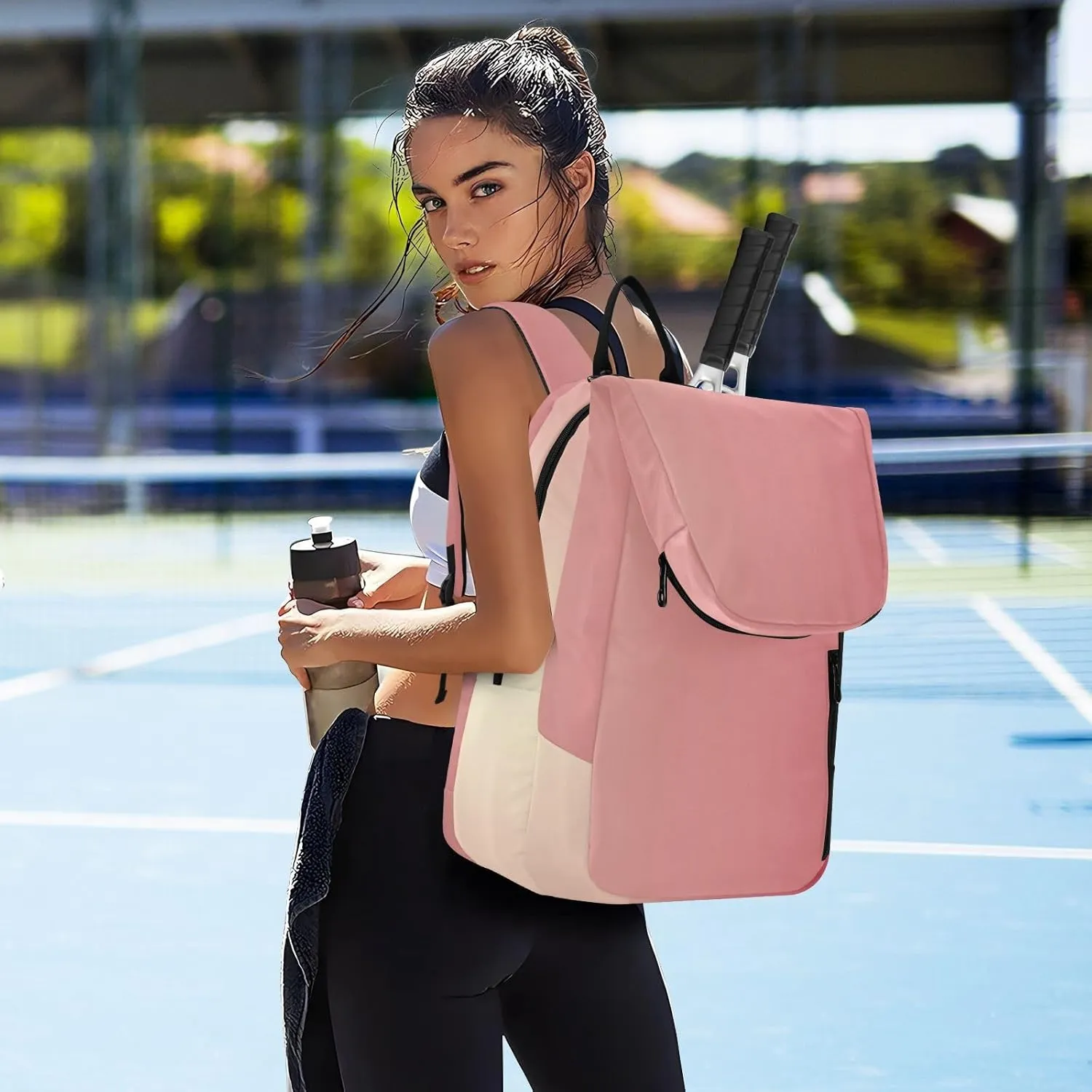 GAIGEO Pink Glitter Tennis Racket Backpack, Multilayer Design Pickle Ball Bag, Sports and Daily Use