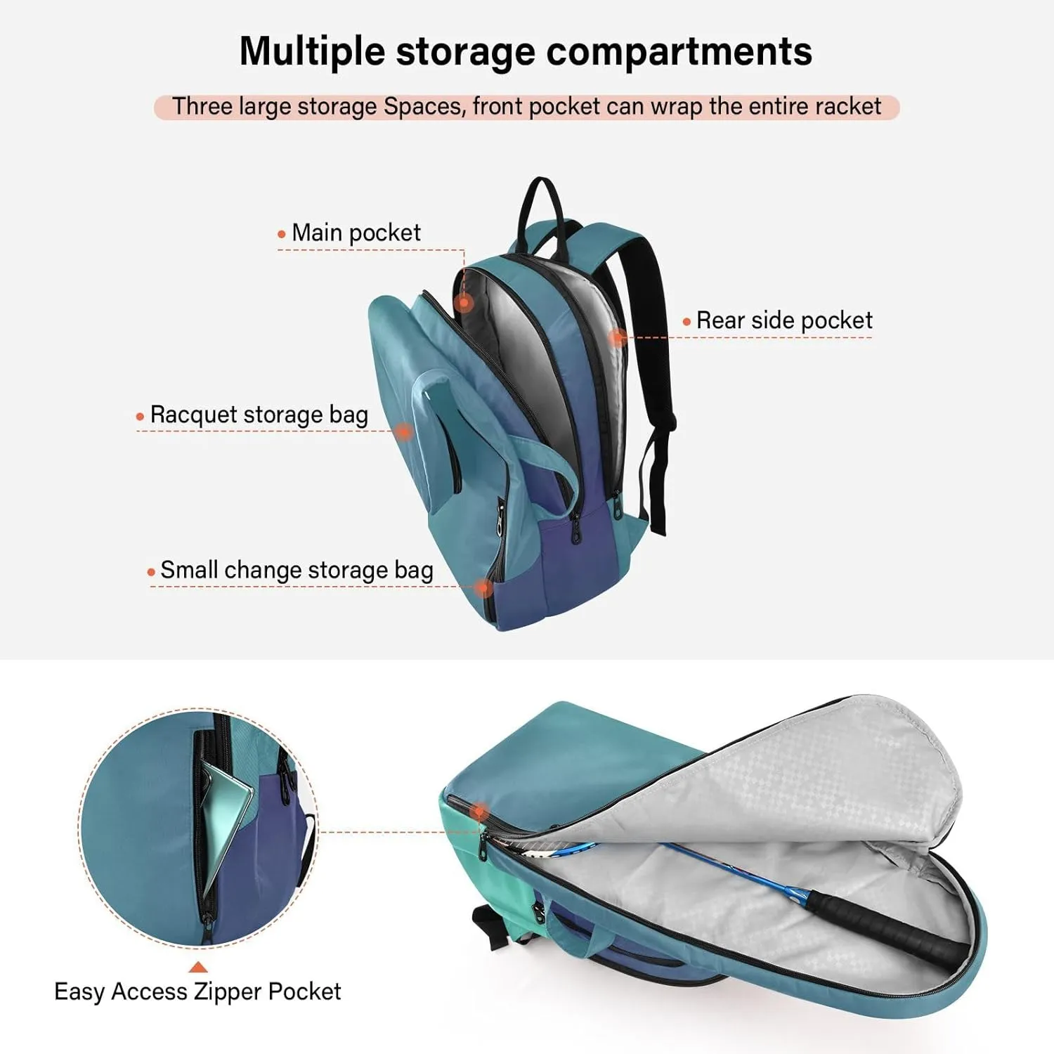 GAIGEO Turquoise Blue Purple Gradient Pickleball Bag, Large Capacity Gifts for Pickleball Lovers, Various Storage Methods