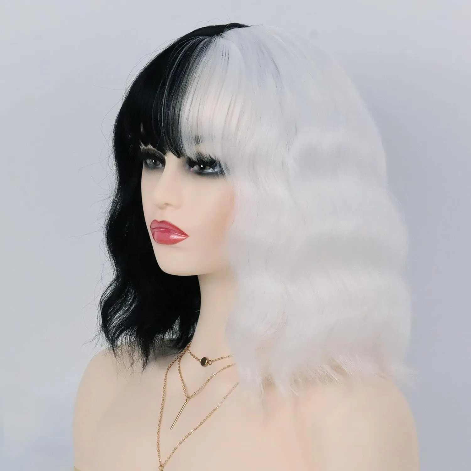 G&T Black and White Wigs for Women Costume Short Bob Wavy Curly Wigs for Women Shoulder Length Heat Resistant Synthetic Wigs for Party Cosplay Halloween