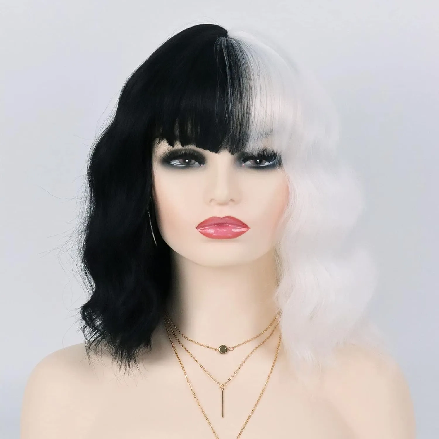 G&T Black and White Wigs for Women Costume Short Bob Wavy Curly Wigs for Women Shoulder Length Heat Resistant Synthetic Wigs for Party Cosplay Halloween