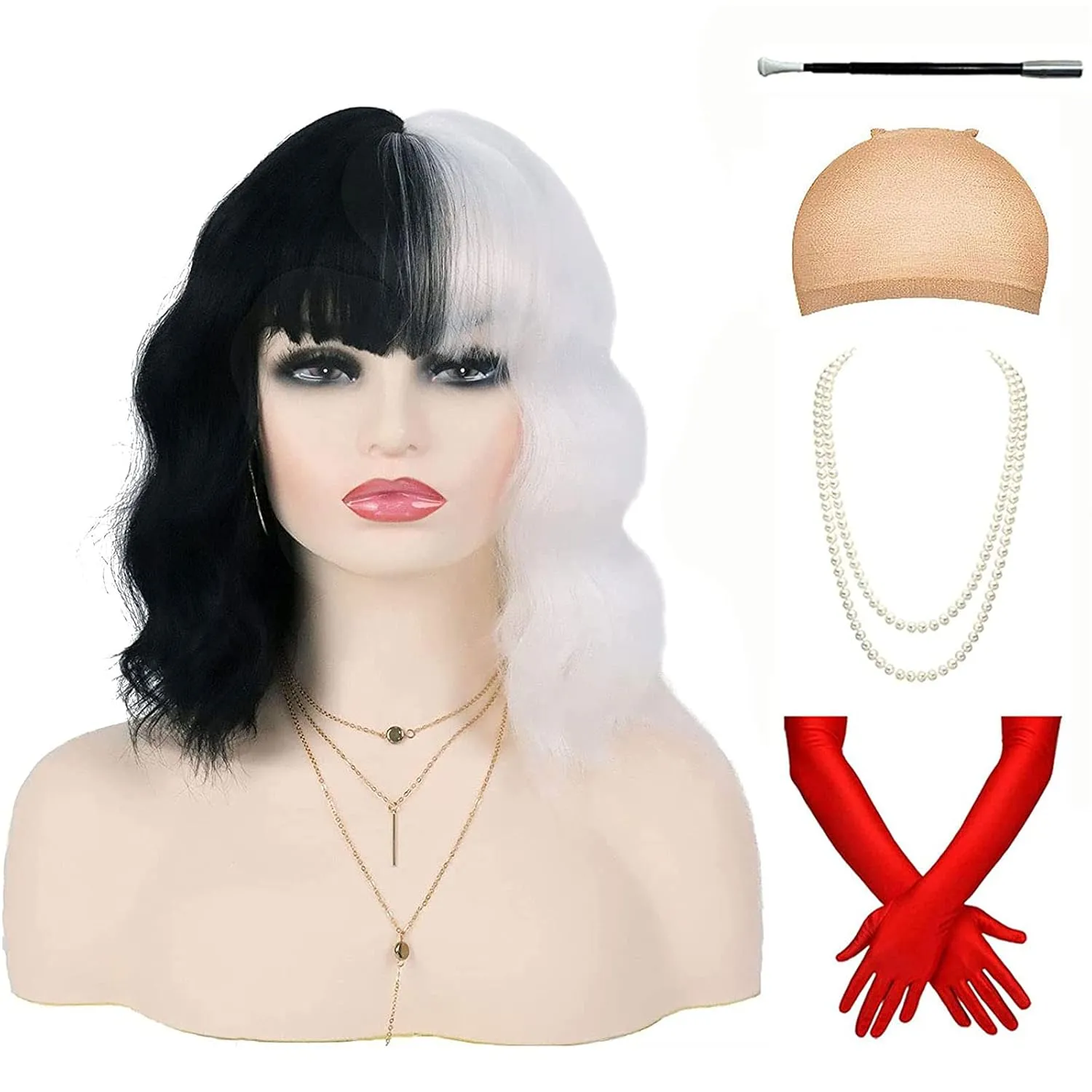G&T Black and White Wigs for Women Costume Short Bob Wavy Curly Wigs for Women Shoulder Length Heat Resistant Synthetic Wigs for Party Cosplay Halloween