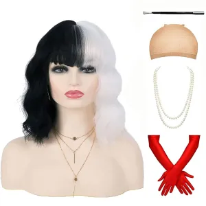 G&T Black and White Wigs for Women Costume Short Bob Wavy Curly Wigs for Women Shoulder Length Heat Resistant Synthetic Wigs for Party Cosplay Halloween