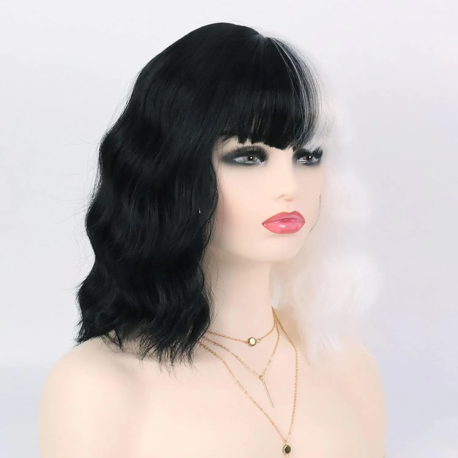 G&T Black and White Wigs for Women Costume Short Bob Wavy Curly Wigs for Women Shoulder Length Heat Resistant Synthetic Wigs for Party Cosplay Halloween