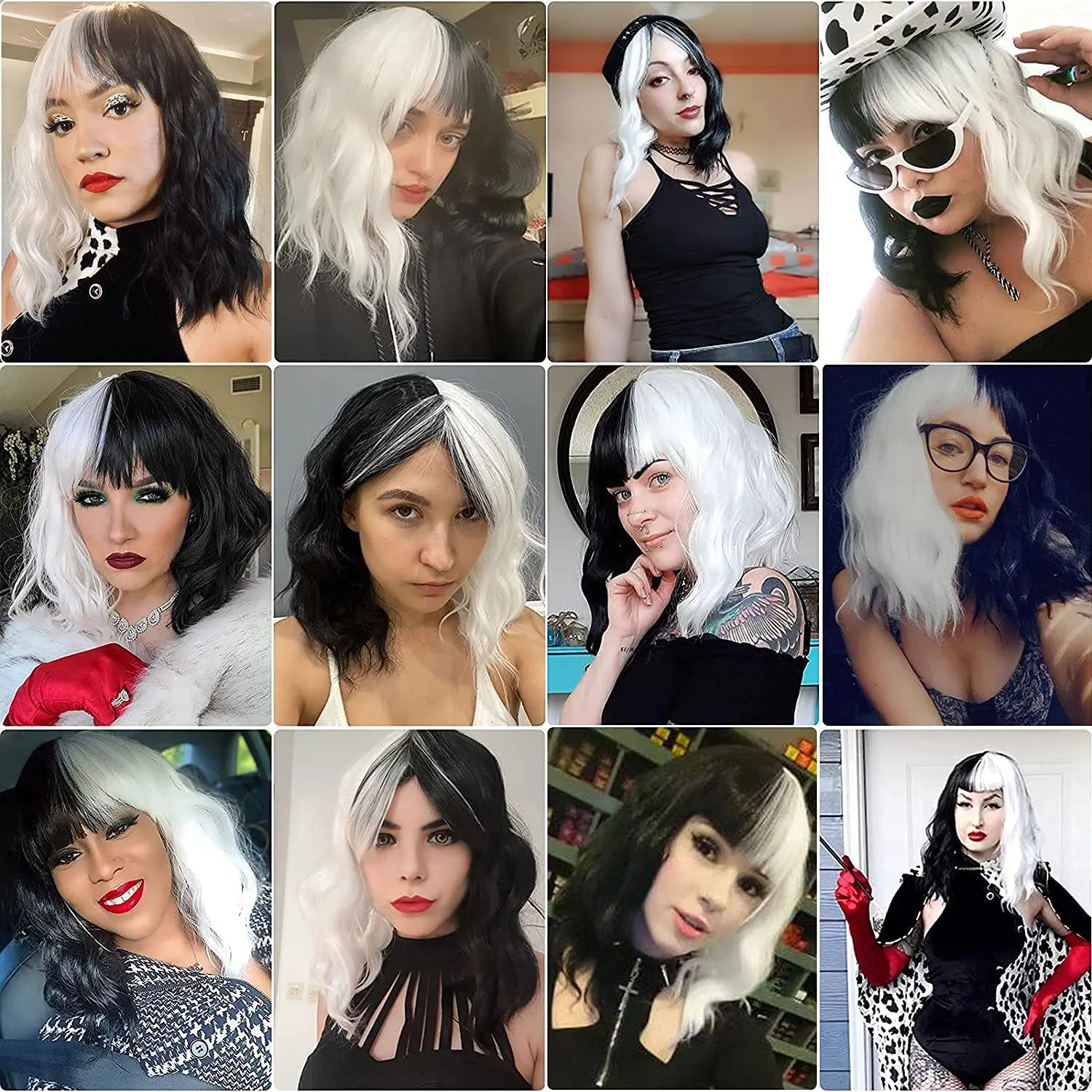 G&T Black and White Wigs for Women Costume Short Bob Wavy Curly Wigs for Women Shoulder Length Heat Resistant Synthetic Wigs for Party Cosplay Halloween