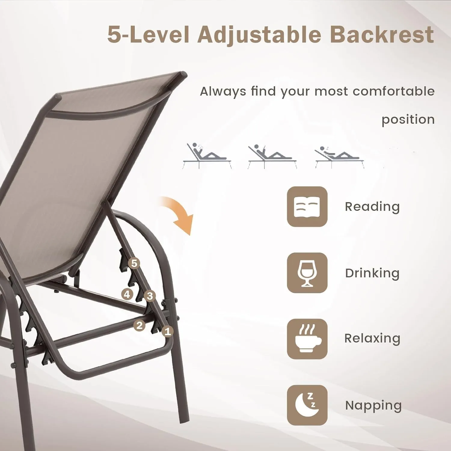 Giantex Patio Lounge Chair, Outdoor Chaise Lounge with 5 Adjustable Backrest, Sturdy Steel Frame, Sunbathing Recliner, Beach Chair, Tanning Chair for Outside, Yard, Balcony, Pool Chairs, Brown